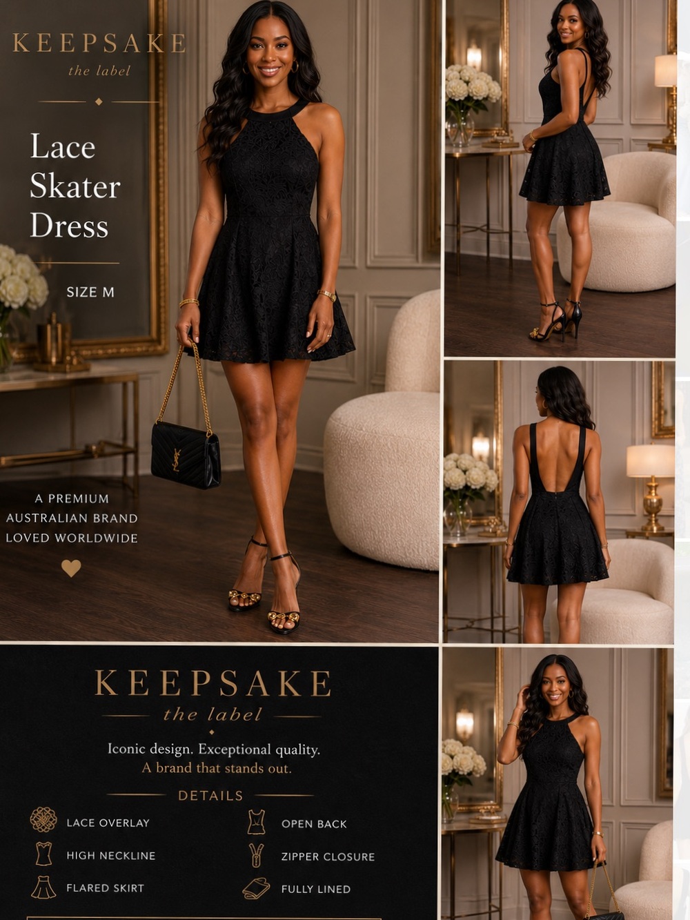 Keepsake Black Lace Open Back Skater Dress Size M Cocktail Party Mini Dress